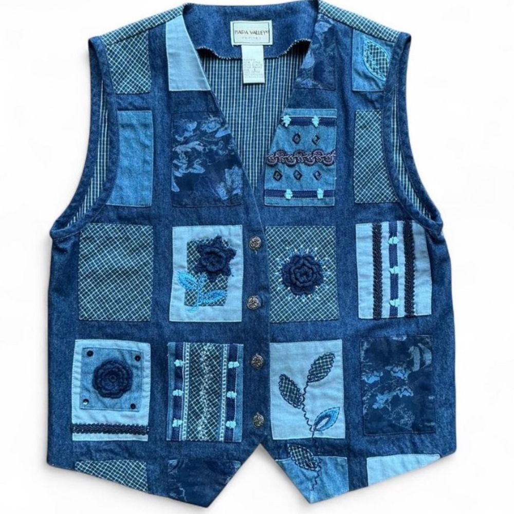 Boho Teachercore Vintage Denim Patchwork Vest with Floral and Geometric Accents